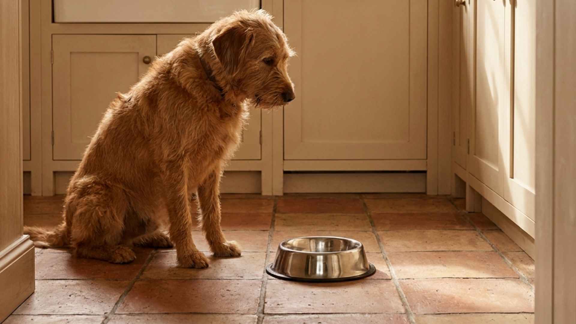 perro esperando comer con su cuenco vacio